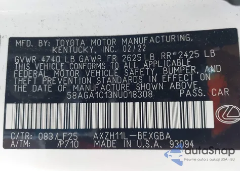 2022 Lexus Es 300H F Sport из США, поврежденный, VIN 58AGA1C13NU018308